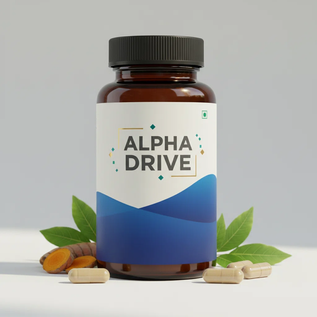 Alpha Drive voedingssupplement donkerblauwe pot met witte dop