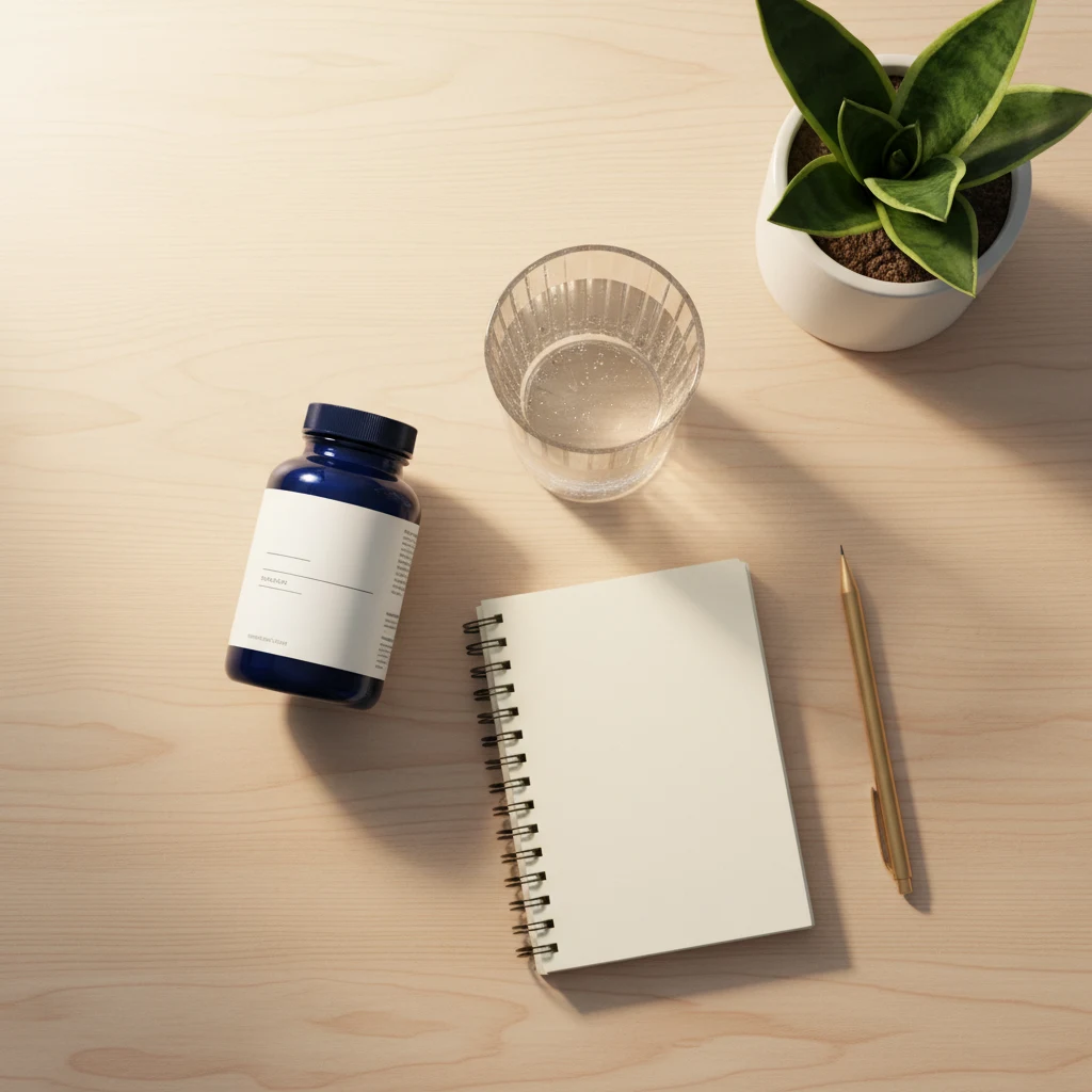 Ochtendwellness-routine met supplement en glas water op houten tafel